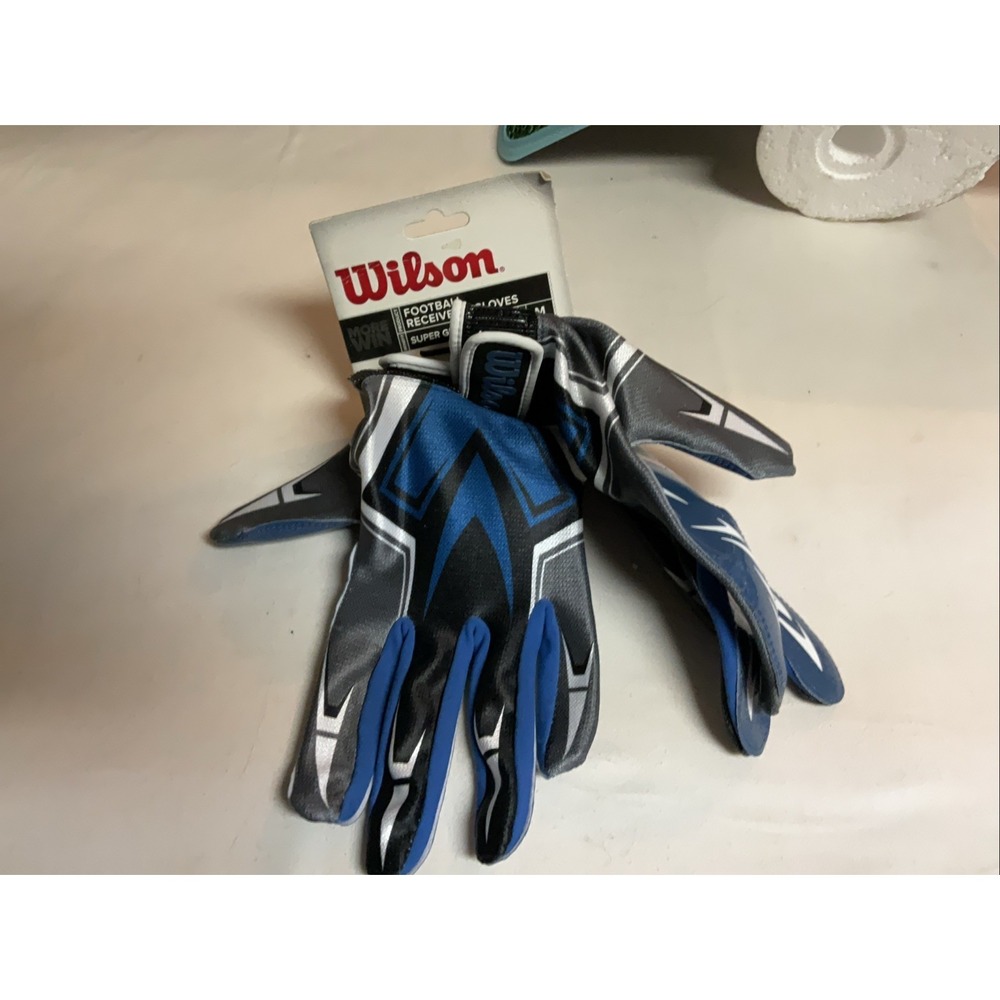 Wilson Football Receiver Gloves Super Grip‎ Adult Size Med Blue White Wtf930500m